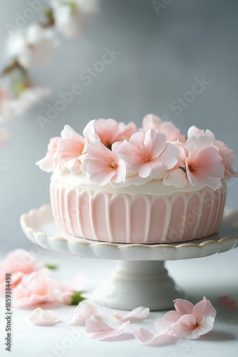 Multi-tier cake with soft pink and white flowers, elegantly placed on cream-colored pedestal