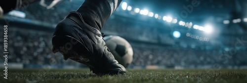 Football player's foot in soccer boot kicking ball on green grass field during night match in stadium with bright lights banner