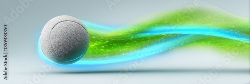 White tennis ball in dynamic motion, leaving blue and green energetic light trail on neutral background, symbolizing speed and sport