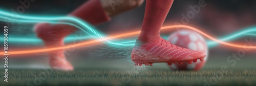 Football player's foot in red shoe kicking soccer ball on green grass field, surrounded by dynamic light streaks representing speed and energy