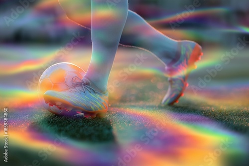 Soccer player's foots next to soccer ball on grassy field, enveloped by vibrant rainbow light effect. Depicts sport, motion, and energy