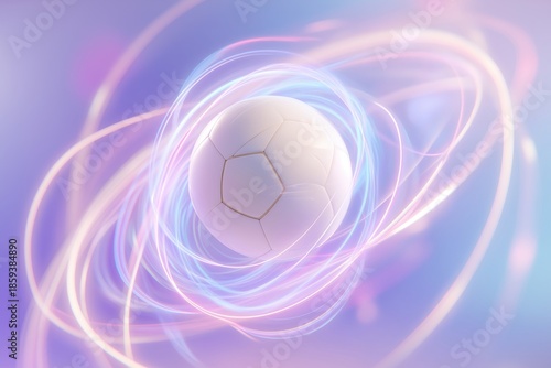 White soccer ball amidst dynamic display of glowing, swirling light trails in vibrant pink, purple, and blue hues. Abstract background for sports concept