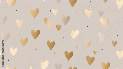 Minimal seamless pattern with soft beige and gold hearts on neutral background, elegant romantic design with subtle textures and calm modern aesthetic