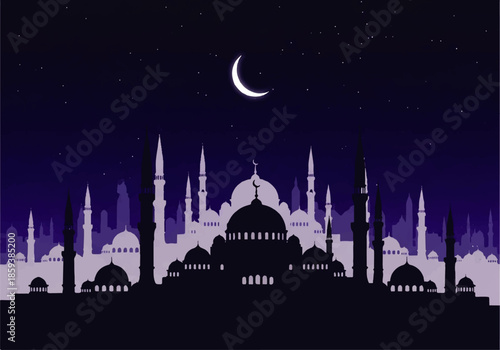 Vector flat design illustration of a mosque silhouette at night with a crescent moon in a dark blue and purple gradient sky.