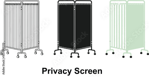 Set of three privacy screens on wheels medical room dividers in outline black and light green isolated on white background for healthcare and clinic use