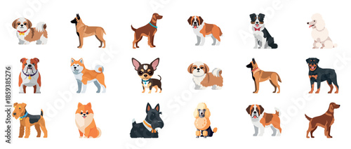 Colorful collection of various dog breeds illustrated on white background