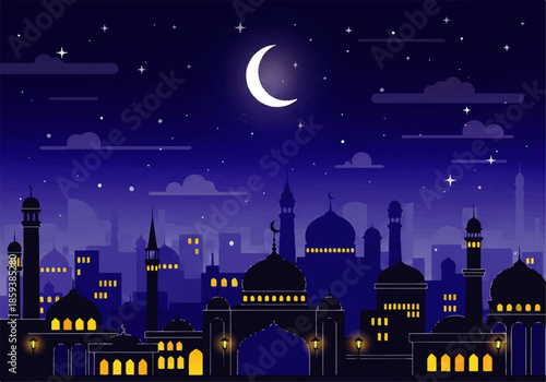 Vector flat design illustration of a serene nighttime cityscape with a crescent moon, featuring mosques and buildings with warm yellow lights against a dark blue sky with stars and clouds.