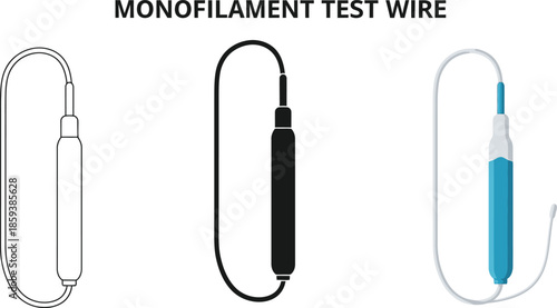 Monofilament test wire icons set of three variations including outline silhouette and colored illustration for electrical testing and measurement concepts