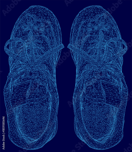 Blue sneakers with white laces rest on a dark blue background, creating a striking wireframe effect for sports and lifestyle themes. Top view