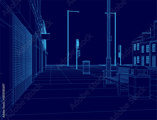 A 3D wireframe model of a town street at night features buildings, streetlights, and traffic signals against a dark, mysterious background.
