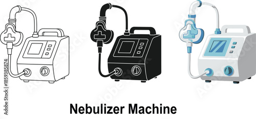 Collection of nebulizer machine illustrations including line art silhouette and color vector graphics for medical and healthcare concepts