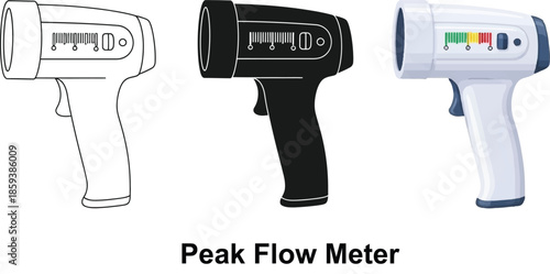 Collection of peak flow meter illustrations showing outline silhouette and color versions for medical and respiratory health concepts isolated on white