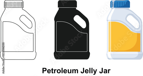 Set of petroleum jelly jars including outline solid black and filled with yellow substance isolated on white background