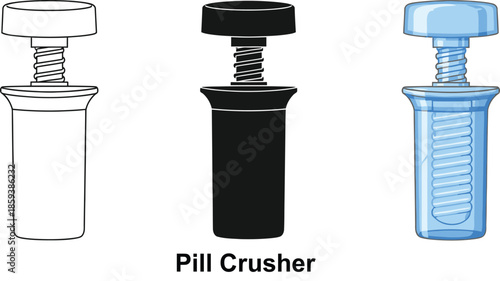 Set of three pill crushers including a line art black and blue transparent design isolated on white background for medical use