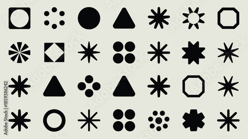Black geometric shapes and symbols collection on gray background, vector illustration for graphic design