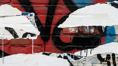 Urban decay: a textured brick wall canvas with layers of graffiti and torn posters