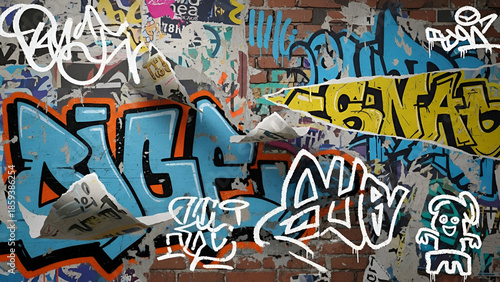 Urban decay and creative expression artistic blend of street art on weathered brick canvas