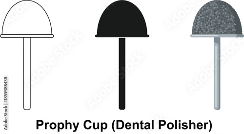 Set of three prophy cups dental polisher icons in outline solid black and textured styles isolated on white background for dental hygiene concepts
