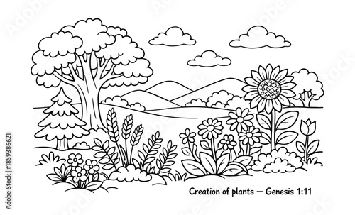 Line art drawing of a lush landscape with diverse plants and rolling hills