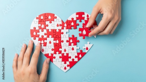  Human hands assembling jigsaw puzzle pieces into red and white heart on blue background, relationship, love problem solving, teamwork and mental health concept.