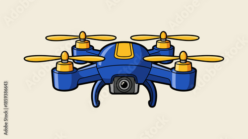 Blue Drone with Camera and Yellow Propellers Illustration.