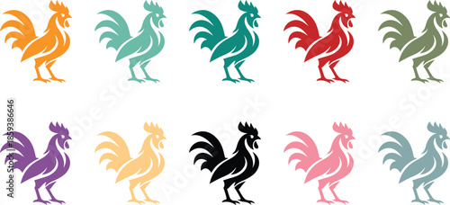 Array of standing rooster silhouettes in various colors, Colorful standing rooster icons collection