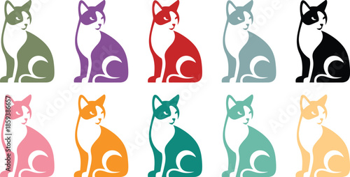 Assorted sitting cat silhouettes in diverse color palettes, Multicolor feline sitting silhouette set