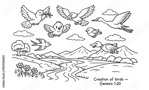 Cute cartoon birds flying over a serene landscape with mountains and a river