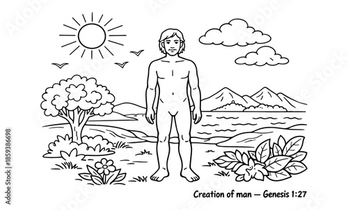 Creation of man illustration from Genesis, depicting Adam in a natural landscape