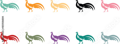 Assortment of stylized rooster silhouettes in different colors, Colorful rooster silhouette icon set