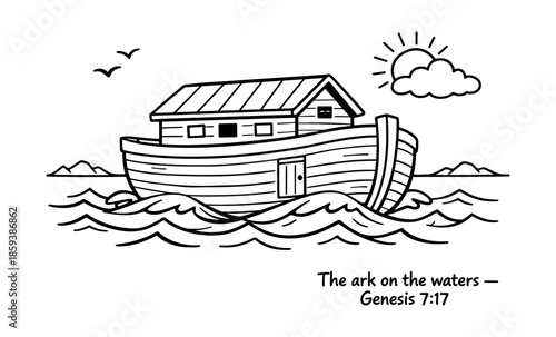 Noah's Ark floats on wavy waters under a sunny sky with birds flying