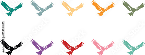 Collection of stylized eagle icons in various colors, Colorful eagle bird icon collection