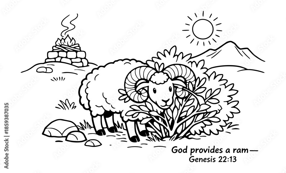 Obraz premium Biblical illustration of a ram caught in a thicket, representing divine provision