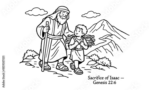Abraham and Isaac journeying to the mountain for sacrifice, biblical illustration