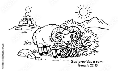 Biblical illustration of a ram caught in a thicket, representing divine provision