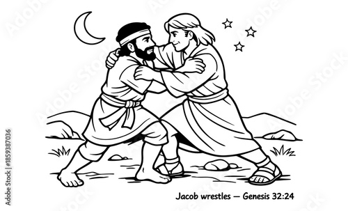 Jacob wrestles with an angel at night, a biblical scene from Genesis