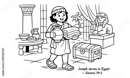 Biblical illustration of young Joseph serving in ancient Egypt with Egyptian artifacts