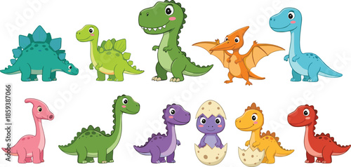 Cute Baby Dinosaur Cartoon Illustration Collection with Colorful Dino Characters and Eggs Kids Friendly Vector Set