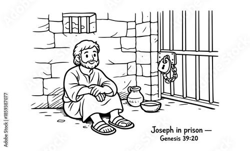 Biblical illustration of Joseph sitting in a stone prison cell with barred door