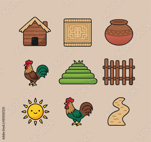 Collection of Farm and Rural Icons with Roosters and Sun.