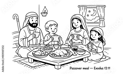 Family enjoys a traditional Passover Seder meal with matzah and roasted chicken