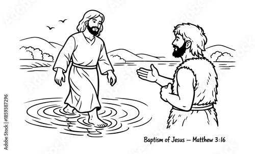 Jesus Christ approaches John the Baptist for baptism in the Jordan River