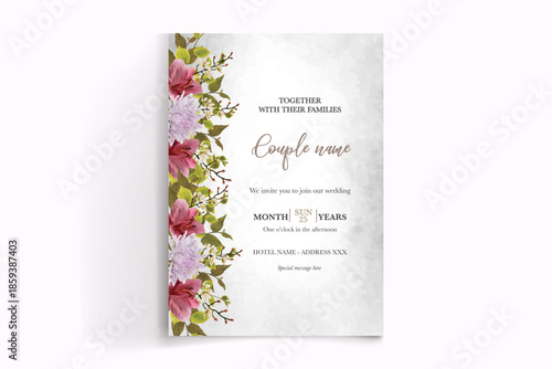 WEDDING INVITATION FRAME WITH FLOWER DECORATIONS AND FRESH LEAVES
