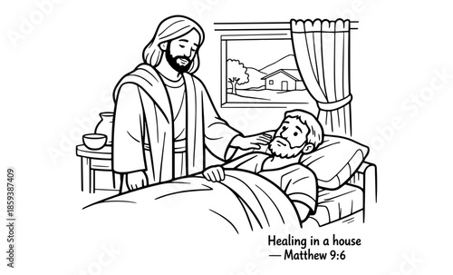 Jesus healing a sick man in bed, a biblical scene of compassion and care