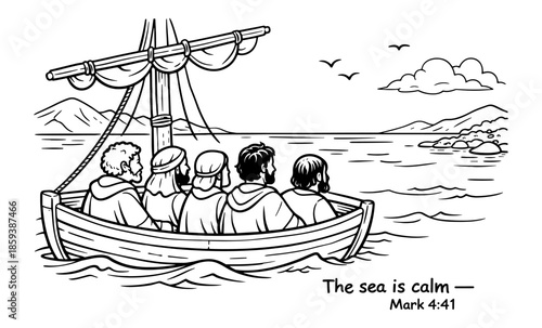 Jesus and disciples in a boat on a calm sea, biblical illustration