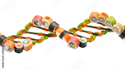 Sushi rolls and edamame beans arranged in a D N A double helix structure on black background food