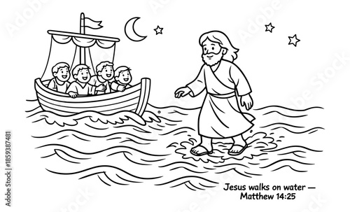 Jesus walks on water towards a boat with disciples under a starry night sky