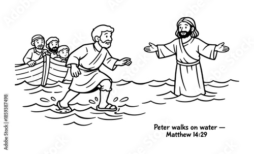 Jesus and Peter walk on water during a biblical storm scene with disciples in a boat