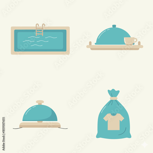Collection of four flat design icons representing leisure and services.