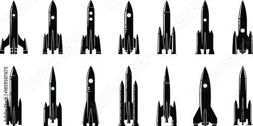 Rocket Ship Silhouette Collection Featuring Spacecraft Launch Exploration Technology and Science Fiction Symbols Black Vector Set